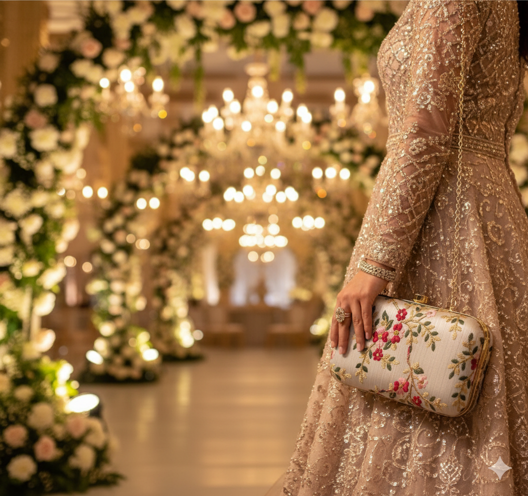 Embroidered Floral Hard-Case Clutch Bag