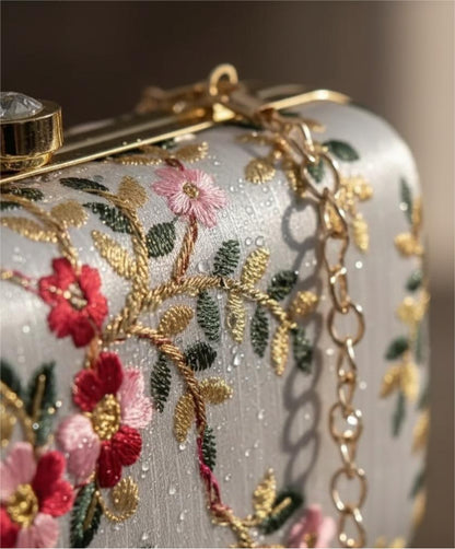 Embroidered Floral Hard-Case Clutch Bag