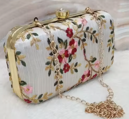 Embroidered Floral Hard-Case Clutch Bag