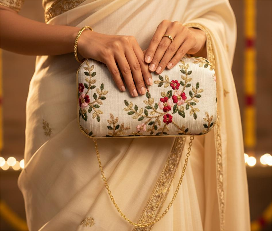 Embroidered Floral Hard-Case Clutch Bag