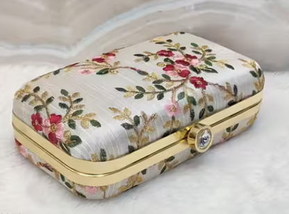 Embroidered Floral Hard-Case Clutch Bag
