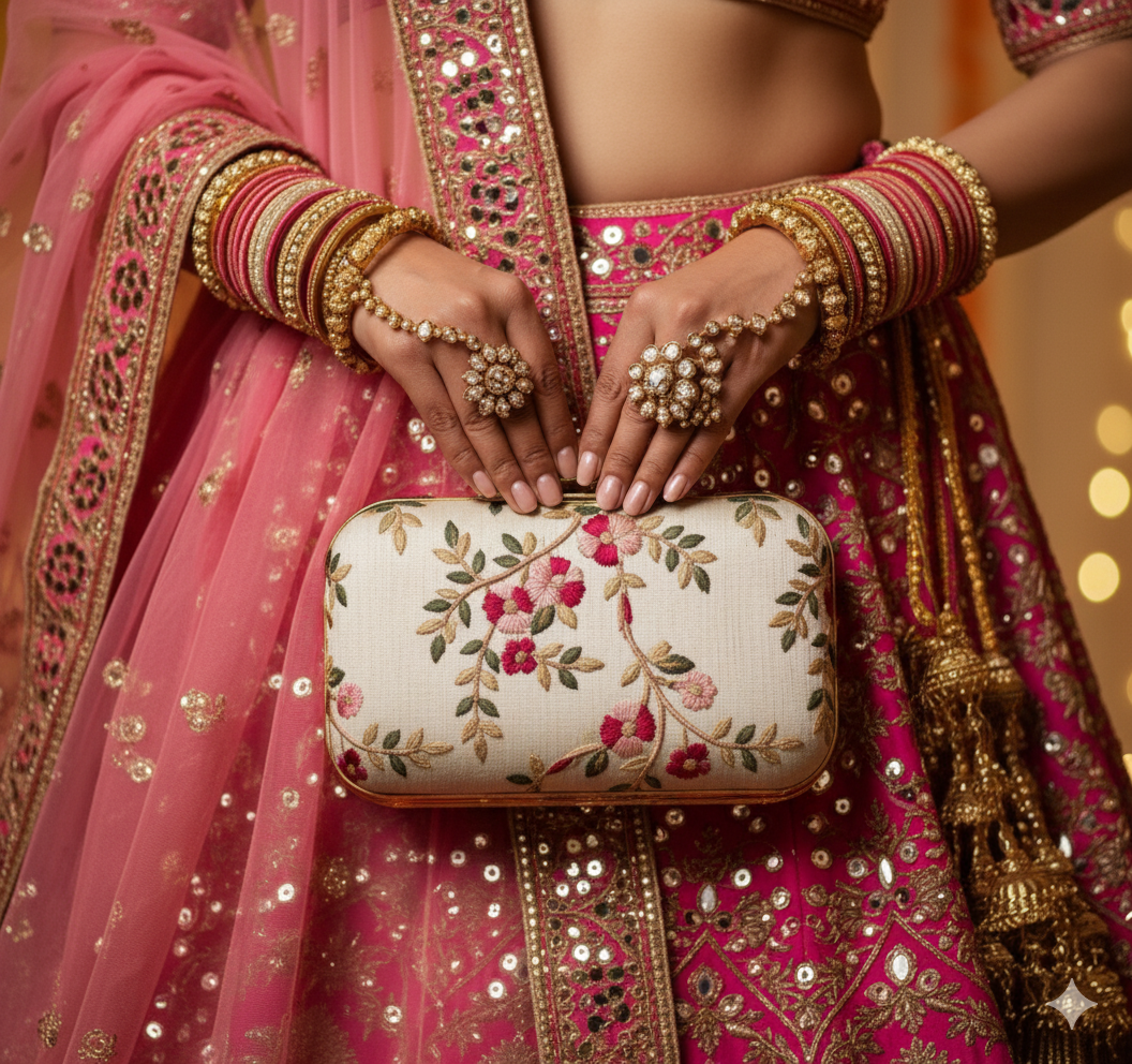 Embroidered Floral Hard-Case Clutch Bag