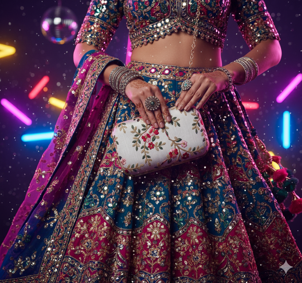 Embroidered Floral Hard-Case Clutch Bag