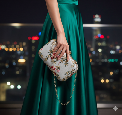 Embroidered Floral Hard-Case Clutch Bag